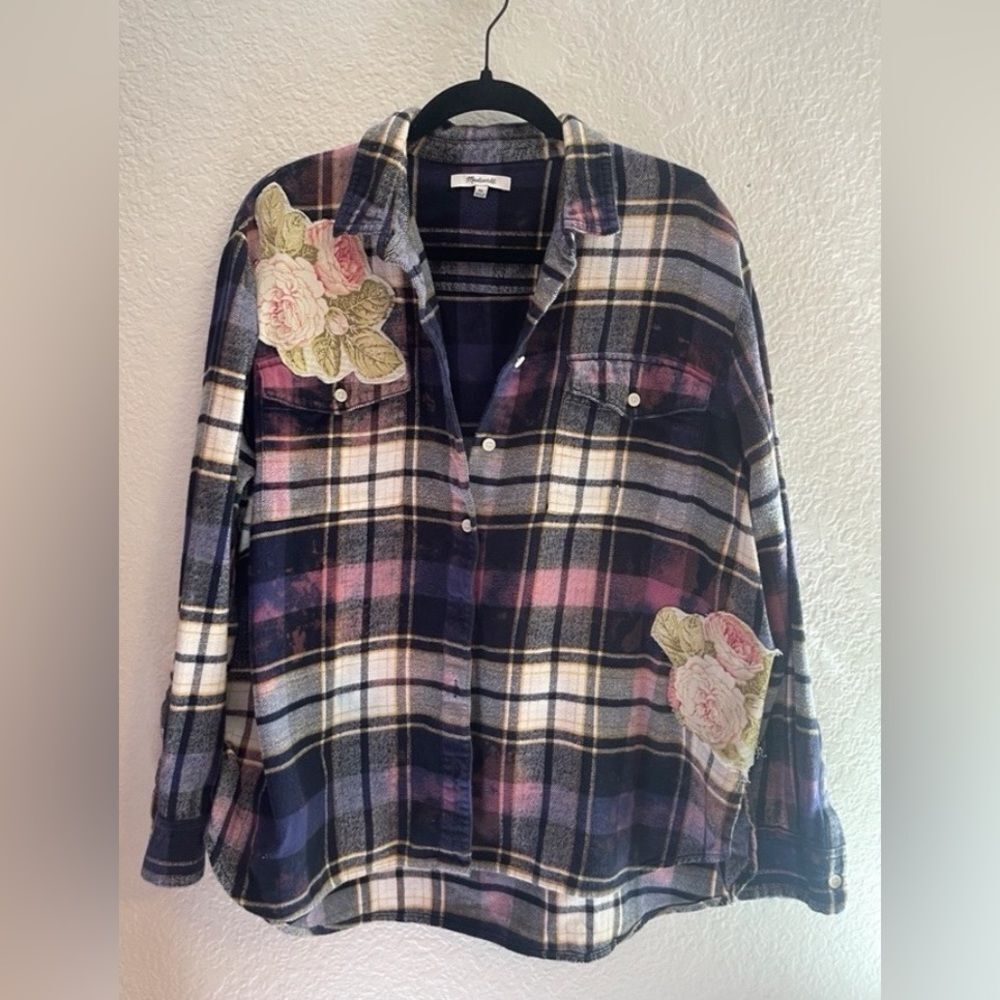 Madewell up cycled roses, bleach dyed in blue, purple, and yellow Plaid flannel